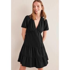 Boden Black Tiered Midi Dress Size 8L Puff Sleeve Cotton Textured Boho Casual